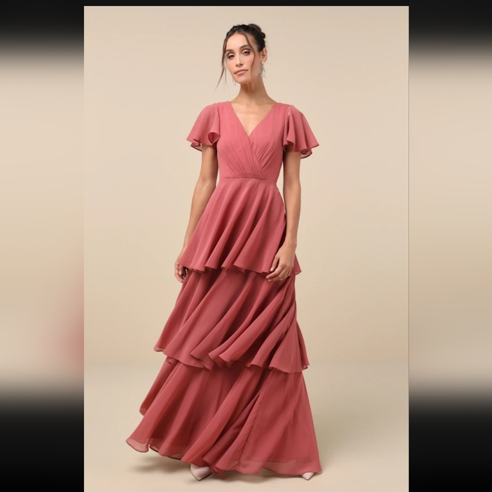 LULUS Sincerely Exquisite Rusty Rose Short Sleeve Tiered Maxi Dress
